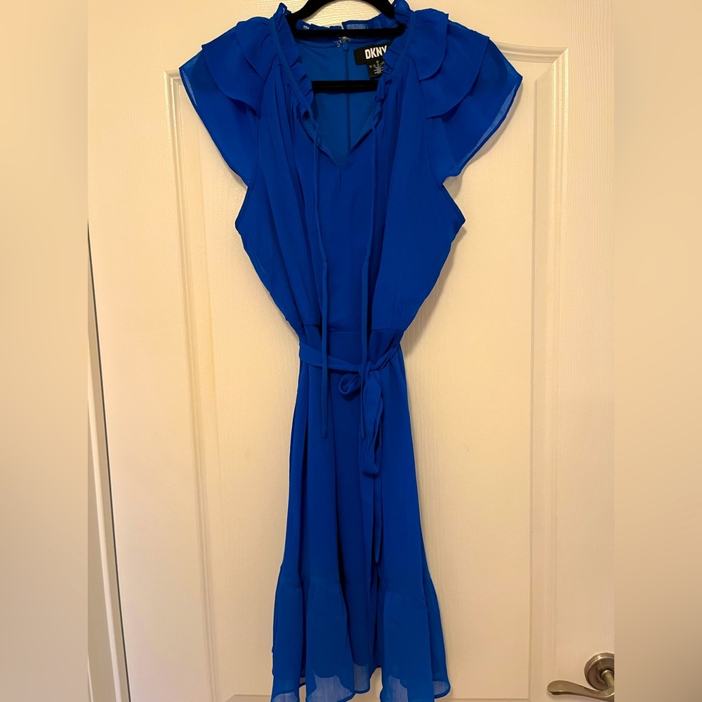 DKNY Blue Midi Sundress with Flutter Sleeves